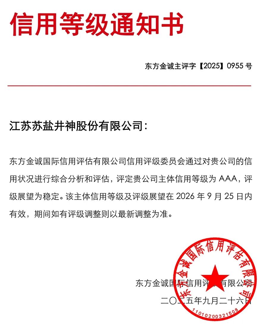 苏盐井神斩获AAA主体信用评级 资本市场再添信心 苏盐井神斩获AAA主体信用评级 资本市场再添信心
